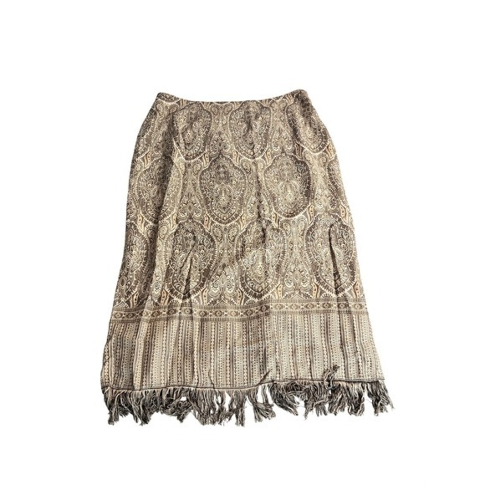 Dressbarn‎ Women XL Brown Paisley Print Lined Maxi Skirt Fringe Bottom